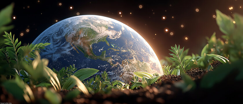 New Life Sprouts from Earth: A breathtaking vista of planet Earth, enveloped by lush greenery and fertile soil, symbolizes new beginnings and ecological growth.