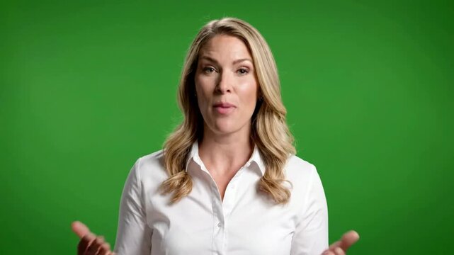 Businesswoman speaking to camera against green screen background, corporate communication presentation