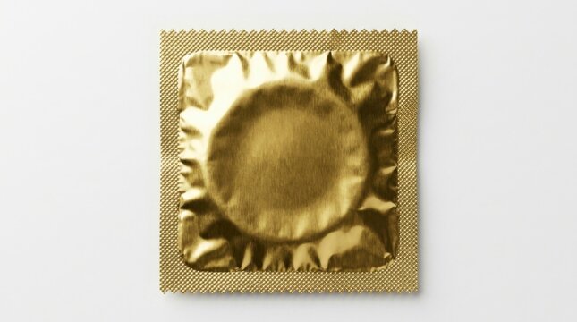 Single gold foil condom wrapper on a white background, top view, concept of sexual health and protection