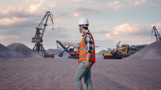 Side View of Asian Male Engineer Waving Hand Saying Bye While Walking at Gravel Stockpile Yard with Cranes and Excavators