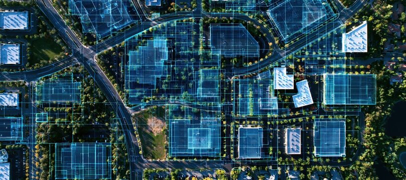 Urban construction district with digital infrastructure overlay from above