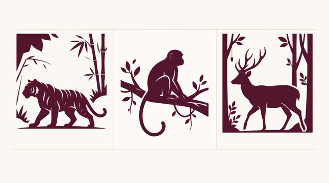 Tiger monkey and deer silhouettes depicted as creative vector graphic illustrations for nature themes and wild animal themed design projects