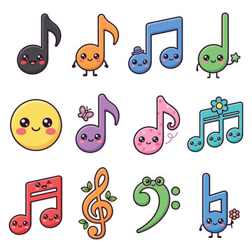 Colorful cartoon music notes and emoji icons.