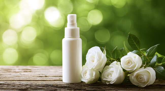 The cosmetic spray bottle with white roses rests on a weathered wood surface. A soft green bokeh background with sunlit highlights creates a natural, serene ambiance. A gentle floral scent enhances th