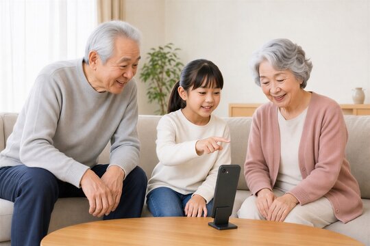 孫娘からスマートフォンの使い方を教わる日本人の高齢夫婦