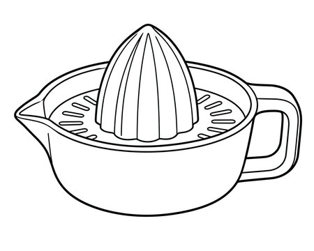 Manual plastic citrus juicer line drawing with conical reamer and strainer base for fresh fruit juice extraction during kitchen food preparation 