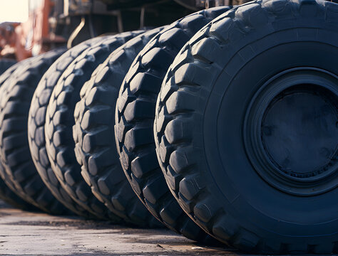 Large truck tires stand in a row on the ground. Heavy-duty vehicle wheels have deep treads for traction on rough terrain. They are ready for transport or repair.