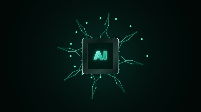 Artificial intelligence processor chip glowing with digital neural network background for machine learning concept and future technology