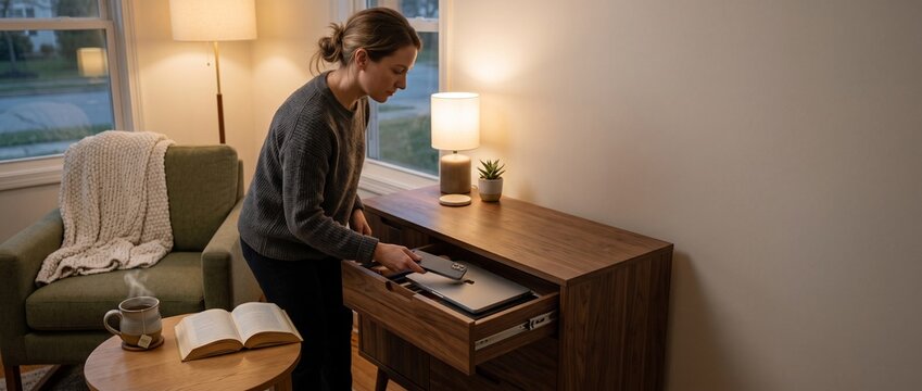 Woman storing her laptop and smartphone in a wooden cabinet drawer in a cozy living room to disconnect from work.