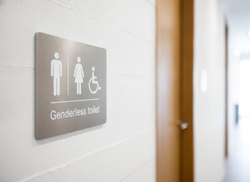 Genderless toilet sign with male, female, and wheelchair symbols on a white wall next to a wooden door, concept of inclusivity and accessibility