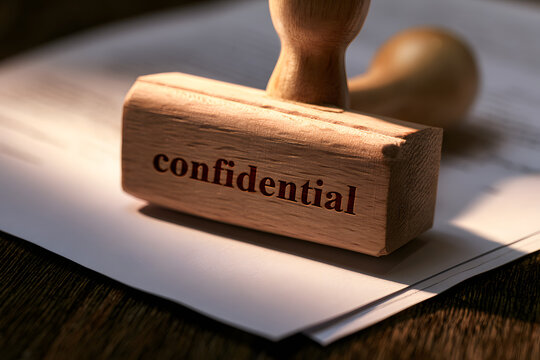A stamper bearing the word 'confidential' is placed atop a sheet of paper, ready for application