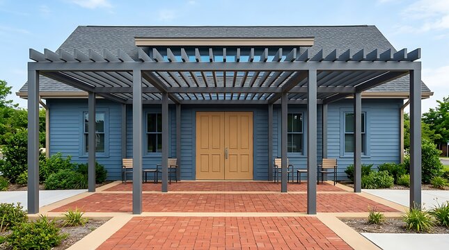 Pergola Entrance to a Modern Blue Building with Brick Walkway