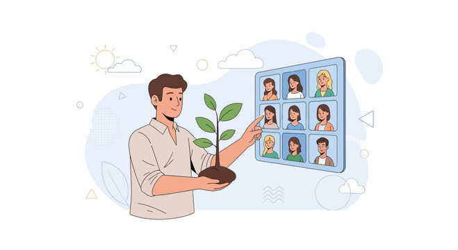 Man Nurtures Plant Connected to Virtual Meeting Grid of Diverse People, Symbolizing Growth, Teamwork, and Remote Collaboration