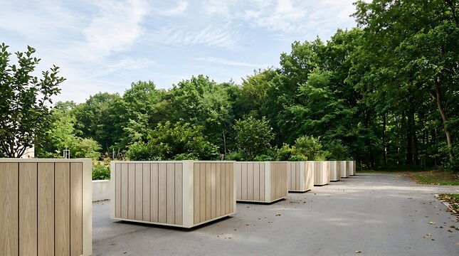 Planters with Modern Wooden Design Placed on a Park Pathway