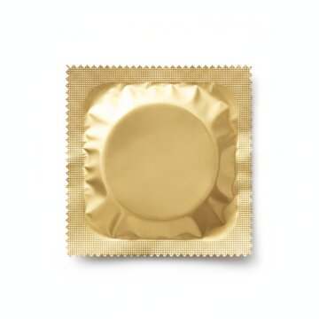 Unopened golden condom wrapper isolated on a white background, top view, concept of sexual health and responsibility