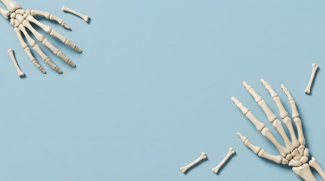 Two human skeleton hands isolated on a plain light blue background with copy space