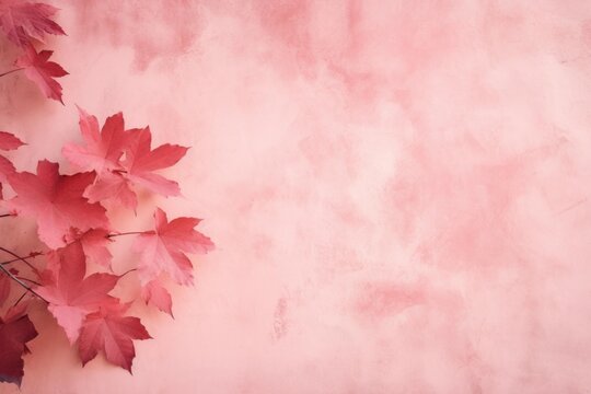 Pink maple leaves creating a border on a textured pastel background with copy space