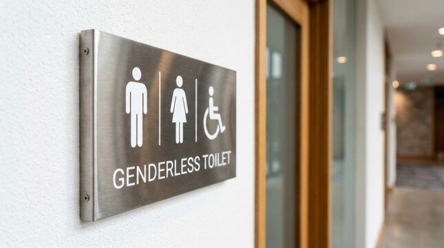 Genderless toilet sign with male, female, and accessibility symbols on a brushed metal plate on a white wall, concept of inclusivity and social progress