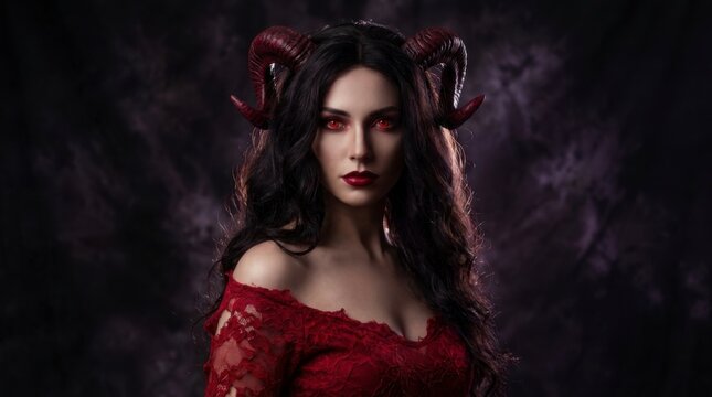 Mysterious woman with red horns and glowing eyes in a dark setting, looking intensely at the viewer, concept of dark fantasy and supernatural allure