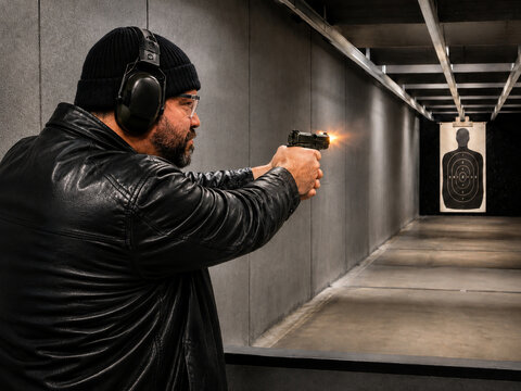 Man Practicing Handgun Shooting at Indoor Firing Range