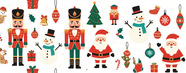 Fototapeta premium Christmas holiday character collection featuring Santa Claus, nutcrackers, snowmen, Christmas tree, stockings, ornaments, gifts and festive decorations