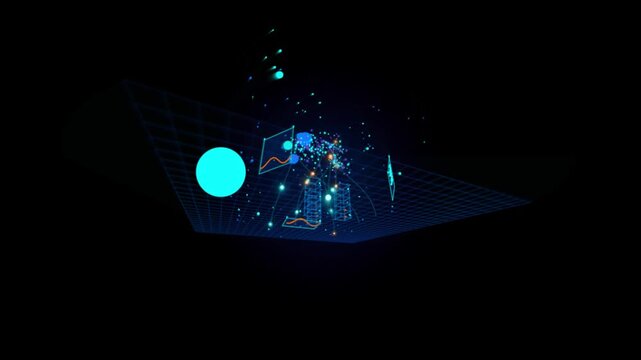 Abstract digital data visualization with floating particles and geometric grid motion