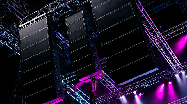 Event sound production. High-quality line array speakers installed on an aluminum truss structure for live concerts and big venue audio coverage.