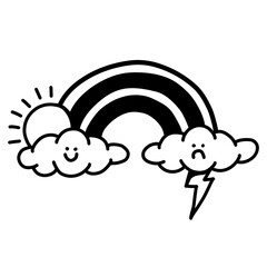 Fototapeta premium Sunny and stormy weather rainbow, happy vs sad clouds, bold line art icon