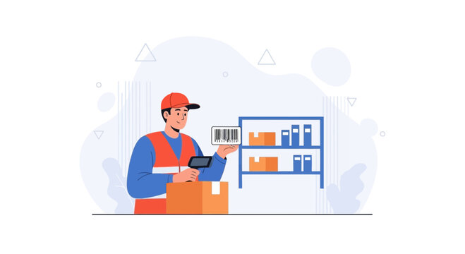Warehouse worker scanning barcode on package with handheld scanner, inventory management concept, vector illustration