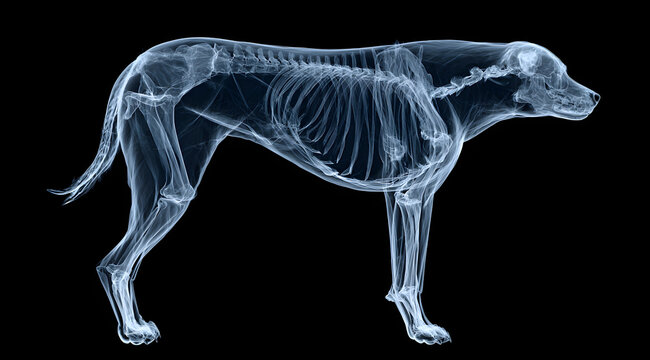 A digital X-ray depiction highlighting the intricate skeletal framework of a dog in a sideways orientation.
