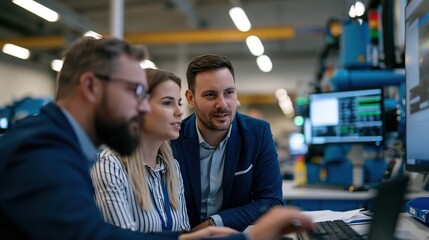 Fototapeta premium Manufacturing specialists collaborating in smart factory with automated machinery