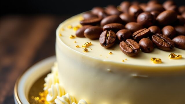 A cake with coffee beans on top, perfect for a morning pick-me-up