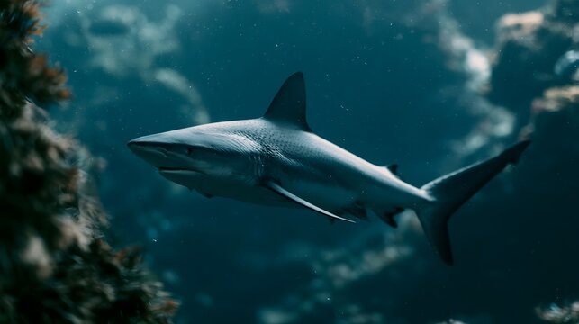 A sleek shark glides through deep blue water near coral formations with particles floating in the sunlit ocean depths