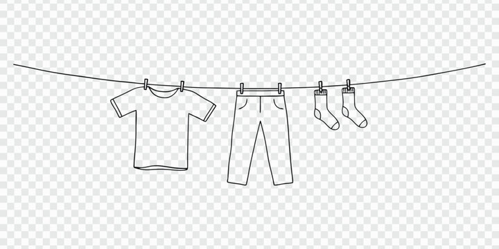 Simple line art illustration of clean laundry like a t-shirt pants and socks hanging on a rope to dry as a symbol for household chores laundry day or textile care and washing concept