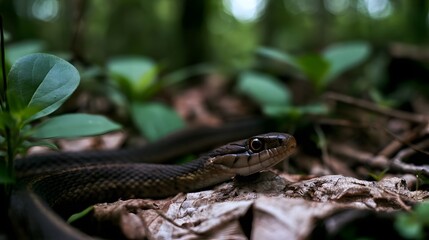 Obraz premium A dark snake with a patterned head rests among green leaves and brown fallen foliage in a shaded forest environment