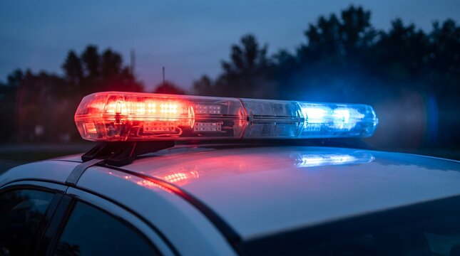 Police car emergency light bar flashing red and blue colors on a patrol vehicle roof during a night pursuit for law enforcement and public safety concept.