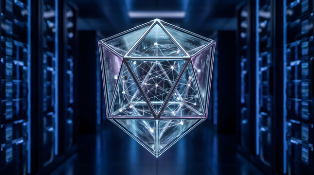 Futuristic server room with glowing geometric