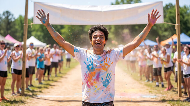 Runner covered in colored powder crosses a color run finish line