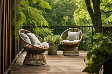 Naklejka premium Deck balcony featuring comfortable chairs and a potted plant, offering peaceful nature views