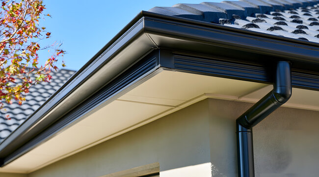 Black roof gutter and downpipe for modern residential installation.