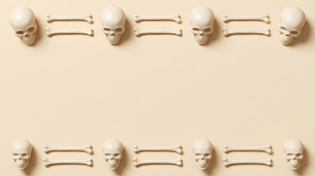 Flat lay pattern of human skulls and bones on a light beige background