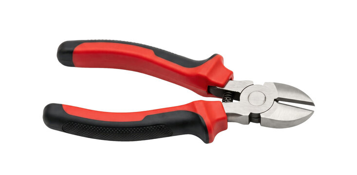 Heavy duty diagonal cutting pliers with red and black insulated handles on transparent background