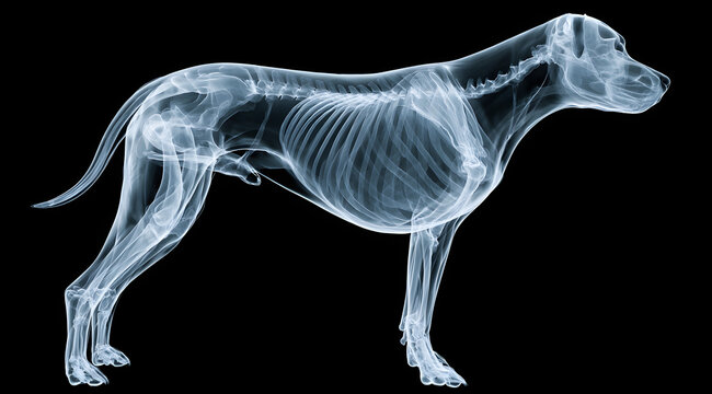 A digital illustration of a dog's skeleton, depicted in profile, showcasing detailed structures.