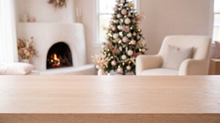 Obraz premium Wooden table with blurred Christmas living room interior and fireplace