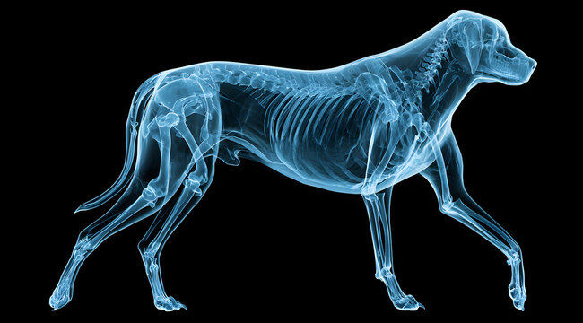 A detailed skeletal structure of a dog, viewed in profile, is depicted digitally.
