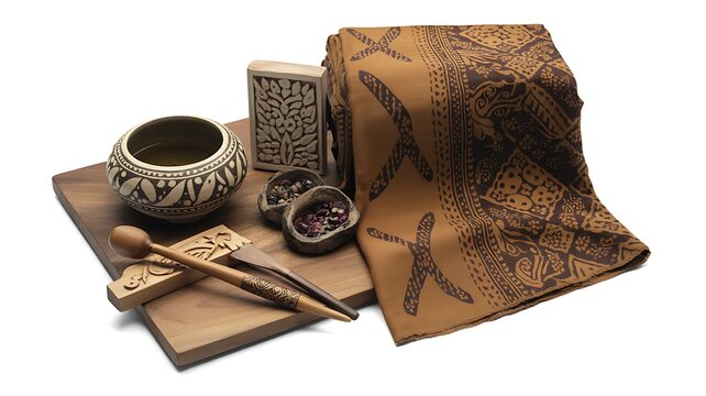 Traditional Indonesian Batik fabric with wooden printing tools and wax bowl on white background