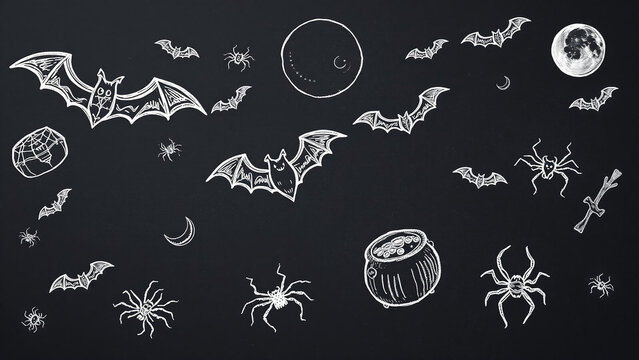 Halloween chalkboard background with handdrawn bats, spiders, moons, and a cauldron, perfect for spooky holiday designs and festive party invitations