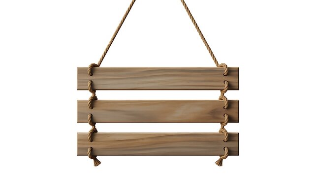 Hanging wooden sign board with rope isolated on white background for custom text display.
