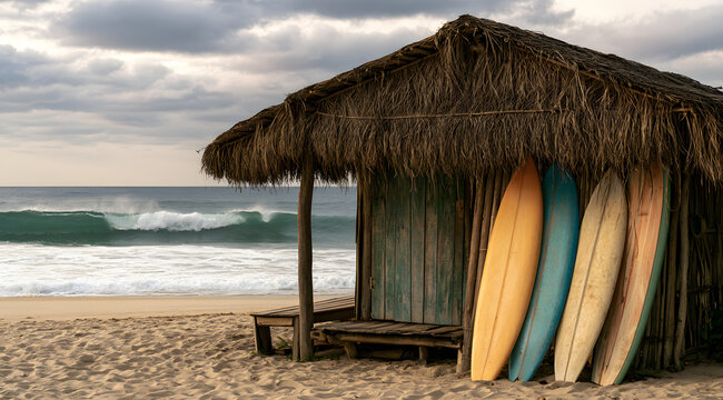 Cozy thatched roofed beach hut with splashes of color on surfboards against the sandy shore during a cloudy sky and swaying waves, creating an outdoor coastal retreat ambiance