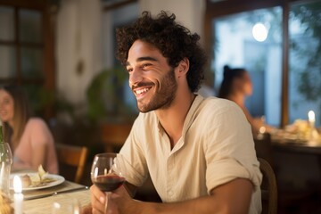 Fototapeta premium Man smiling, holding red wine glass, and enjoying a social evening with people